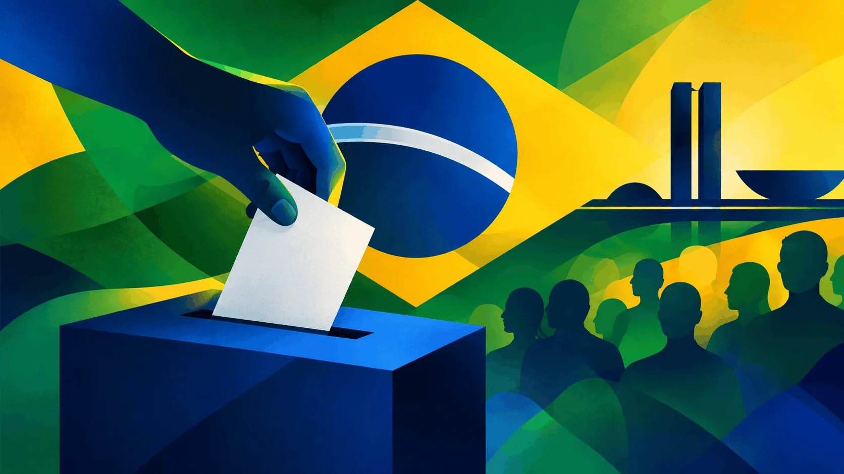 Ilustração: mão depositando o voto na urna, com a bandeira do Brasil e o Congresso Nacional ao fundo