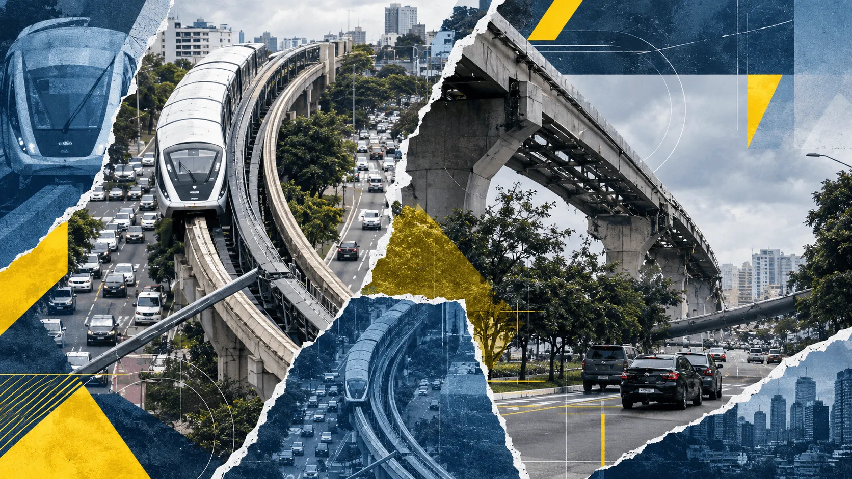 Montagem com o monotrilho da Linha 15-Prata, na zona leste de São Paulo, e trechos da estrutura elevada sobre a avenida