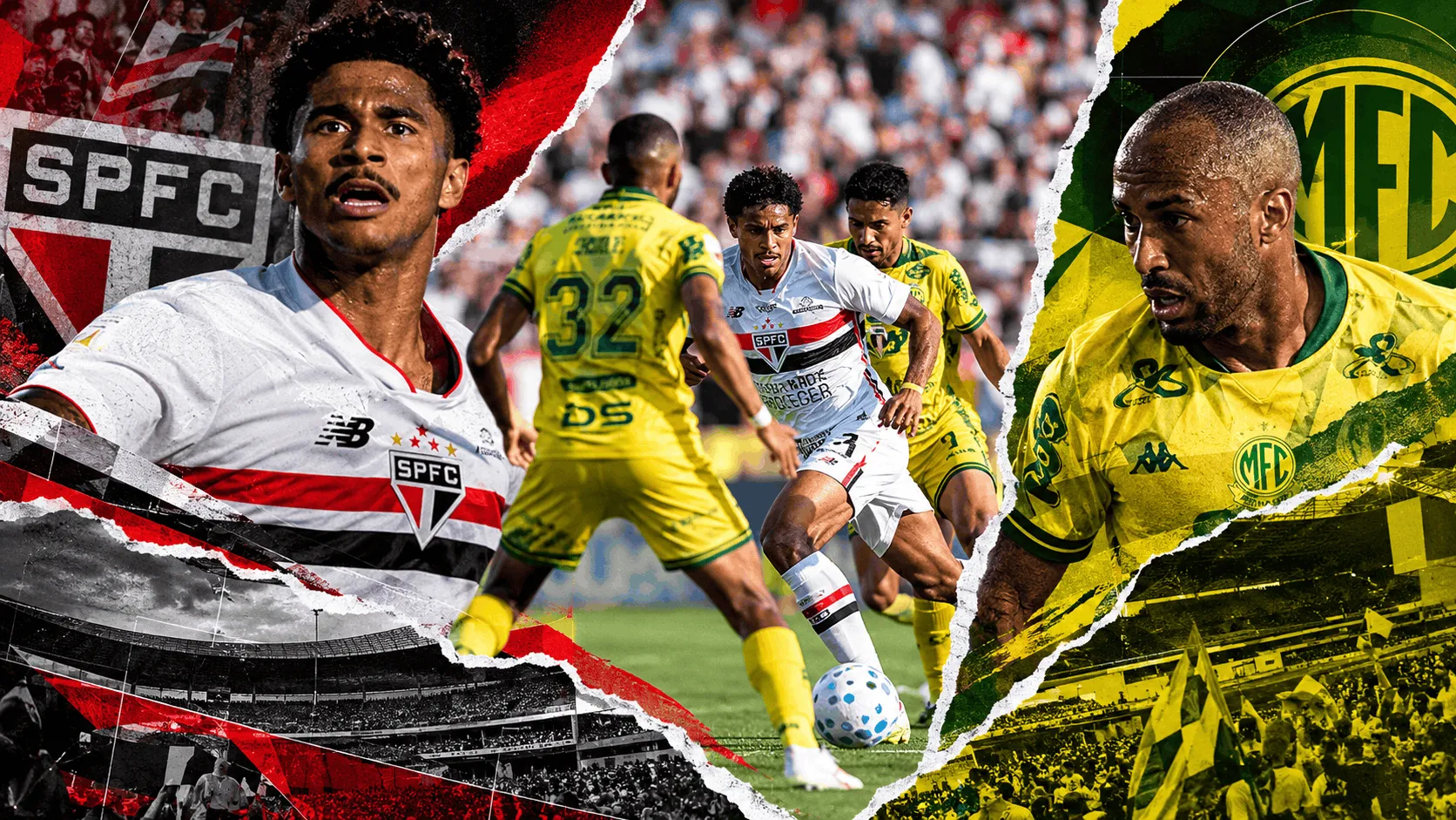 Montagem com jogadores de São Paulo e Mirassol em lance da partida pelo Brasileirão, no estádio José Maria de Campos Maia